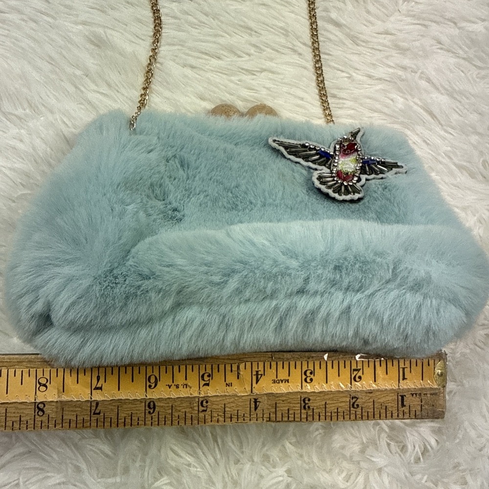 Vintage Blue Faux Fur Clamshell Handbag Bird Chain Strap Evening Purse - Picture 5 of 10